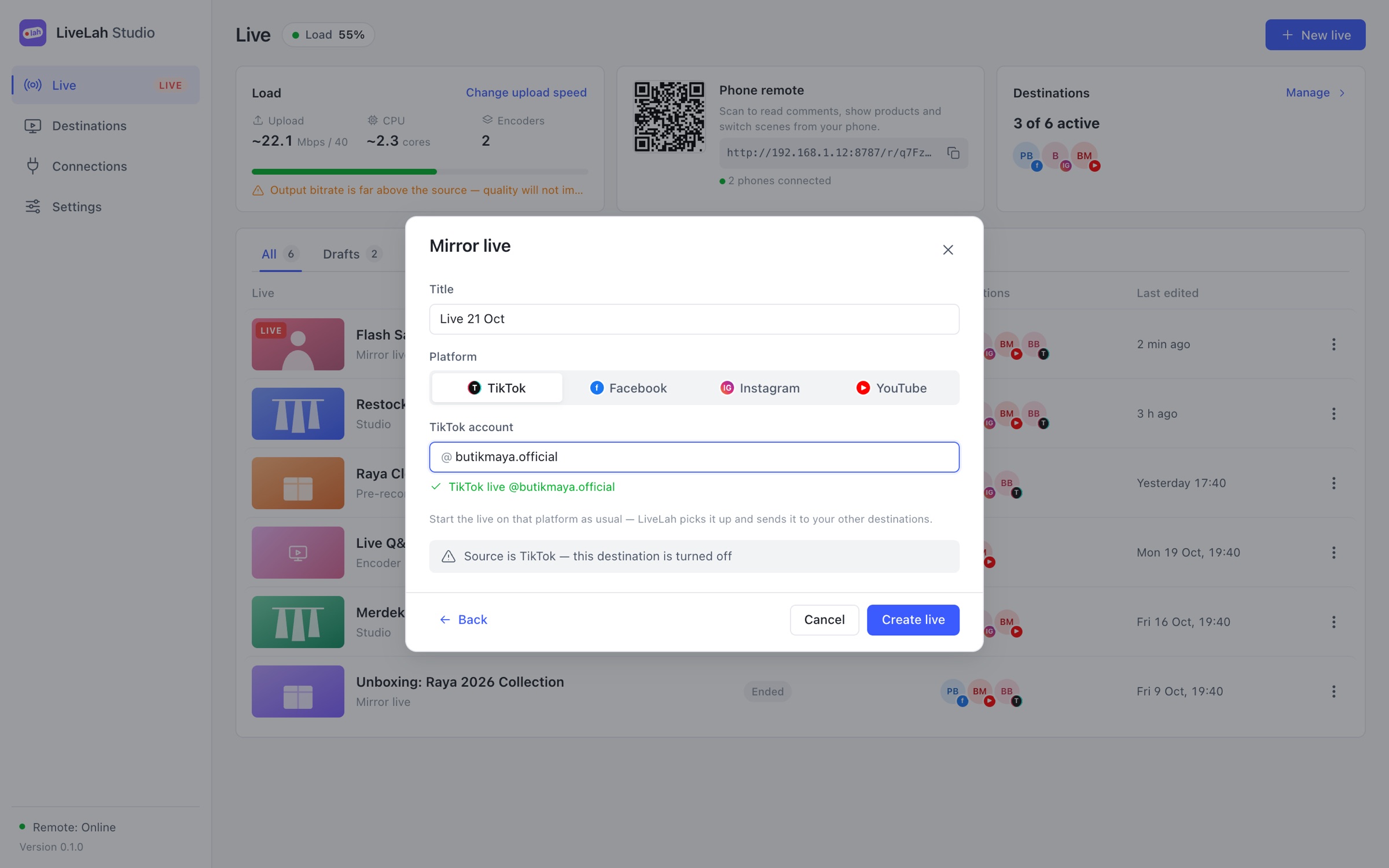 The Mirror live dialog with TikTok, Facebook, Instagram and YouTube as sources