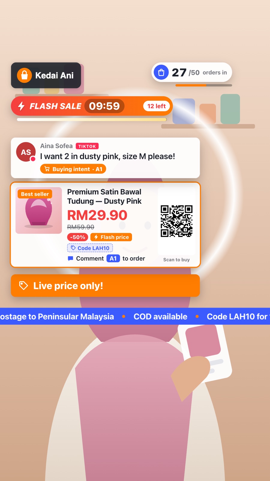 A 9:16 live with a flash sale, a buying-intent comment, a product card and a ticker