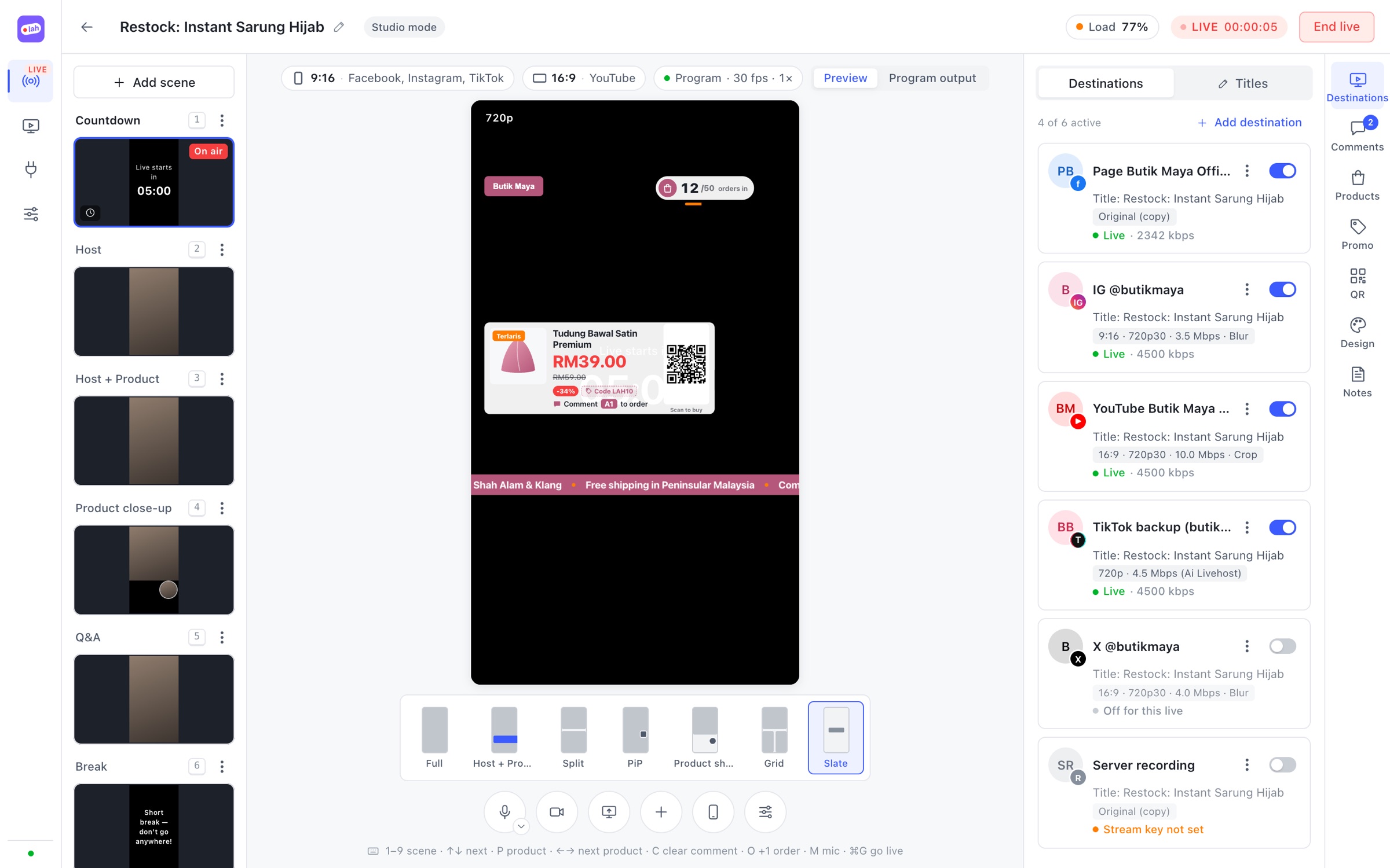LiveLah Studio live: scenes, a product card on stage and four destinations live